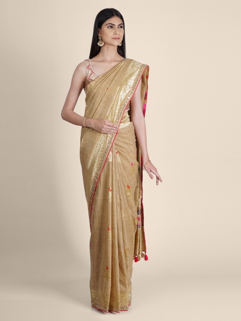 

Hastakala Gold-Toned & Red Poly Georgette Woven Design Saree