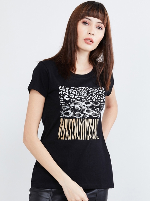 max Women Black & White Animal Printed T-shirt