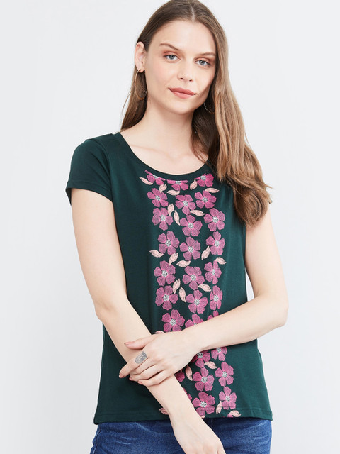 

max Women Green Floral Printed Round Neck T-shirt