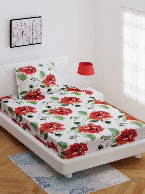 

BOMBAY DYEING Red & White Floral 144 TC Cotton 1 Single Bedsheet with 1 Pillow Covers