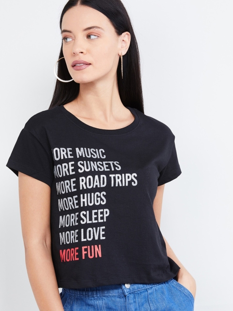 

max Women Black & White Printed Round Neck T-shirt