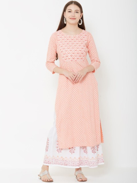 

FASHOR Women Peach-Coloured & White Embroidered Kurta with Palazzos