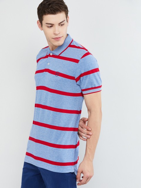 

max Men Blue Striped Polo Collar T-shirt
