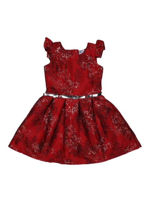 Doodle Girls Maroon Self Design Fit and Flare Dress