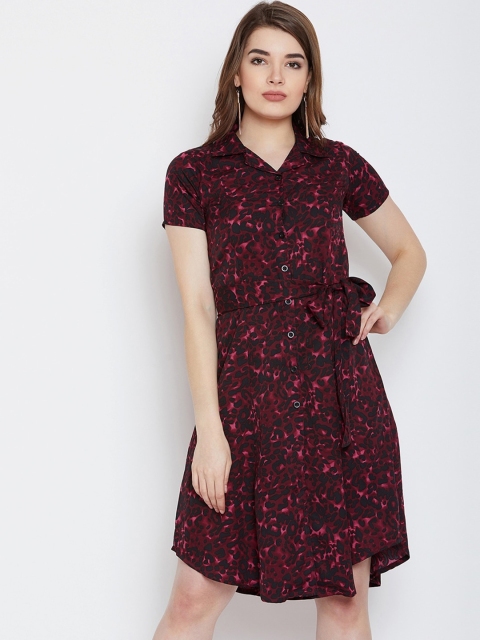 

CHROME & CORAL Women Black & Maroon Printed Shirt Dress