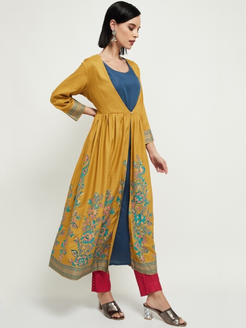 

max Women Mustard & Blue Solid Anarkali Kurta With Ethnic Shrug