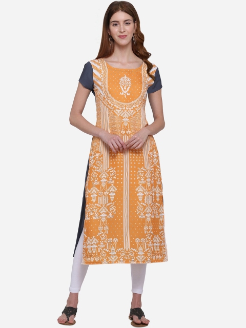 

Kvsfab Women Yellow & Grey Printed Straight Kurta