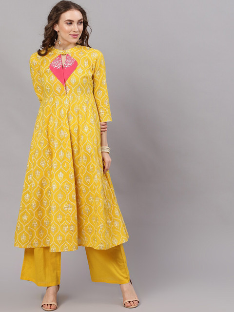 

AKS Women Yellow Printed Anarkali Kurta