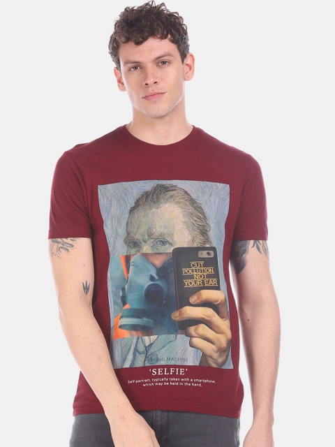 

Flying Machine Men Maroon Printed Round Neck T-shirt