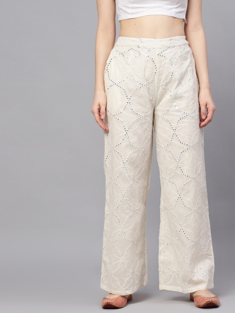 

AKS Women White Embroidered Wide Leg Palazzos