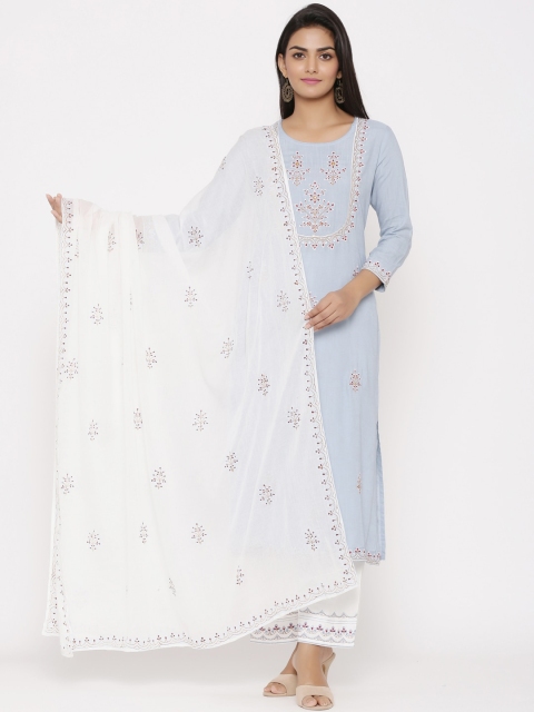 

WomenMagic Women Blue & White Embroidered Kurta with Trousers & Dupatta