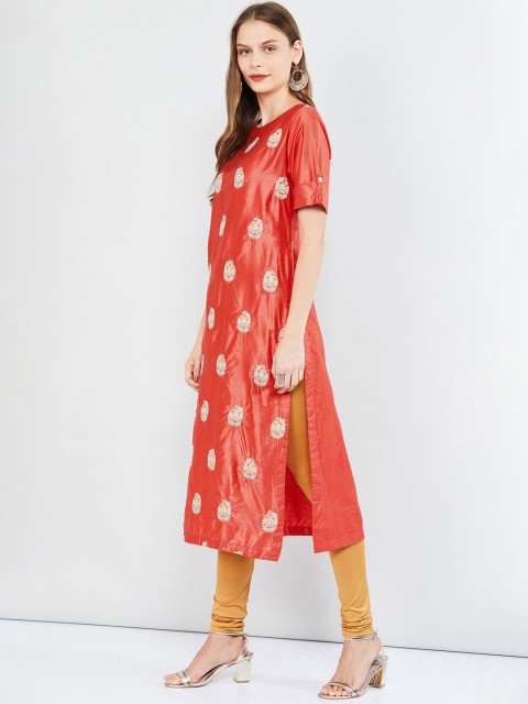 

max Women Coral Red Printed Straight Kurta