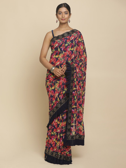

Koskii Pink & Black Poly Georgette Printed Saree