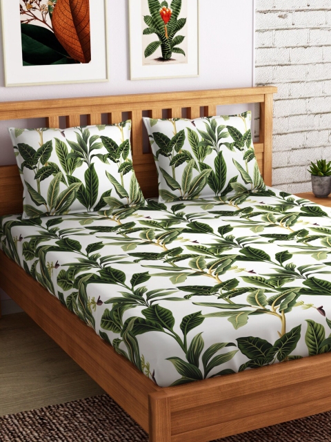 

PETAL HOME White & Green Floral 300 TC Cotton 1 Queen Bedsheet with 2 Pillow Covers