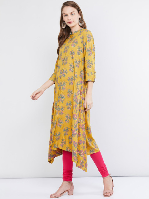 

max Women Mustard Yellow & Blue Printed Straight Kurta
