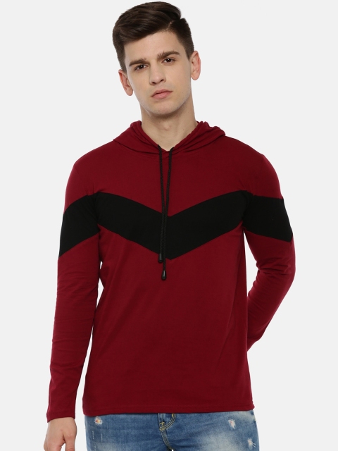 

KAY DEE Men Maroon Black Colourblocked Hood Pure Cotton T-shirt