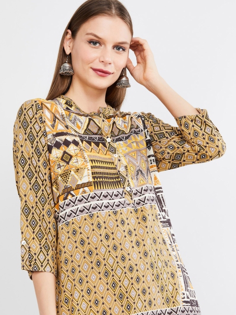 

max Women Mustard Yellow & Beige Printed A-Line Kurta