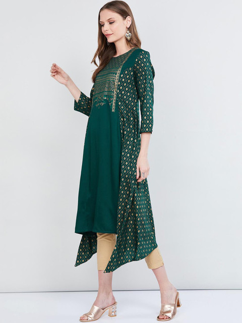 

max Women Green Woven Design A-Line Kurta