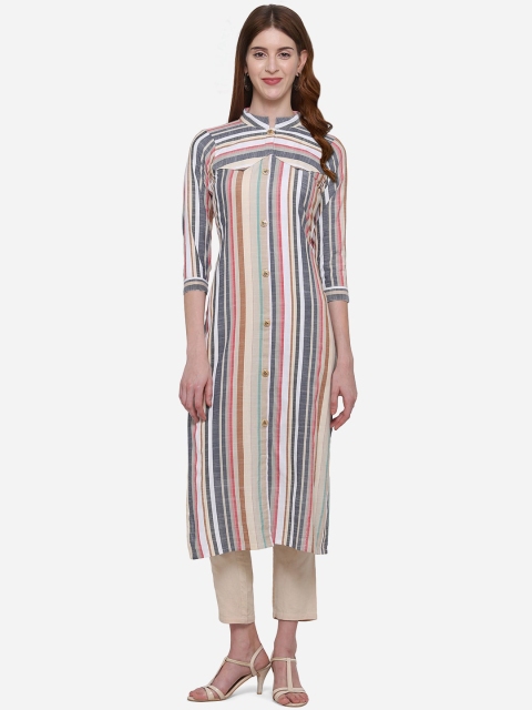 

Kvsfab Women White & Blue Striped Straight Kurta