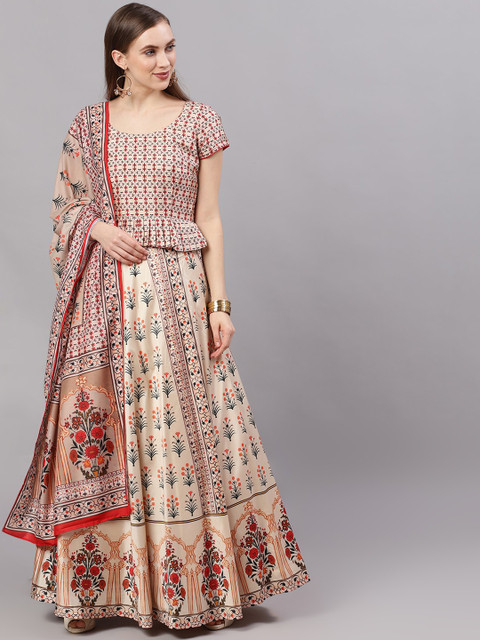 

AKS Cream-Coloured & Red Printed Ready to Wear Lehenga & Blouse with Dupatta