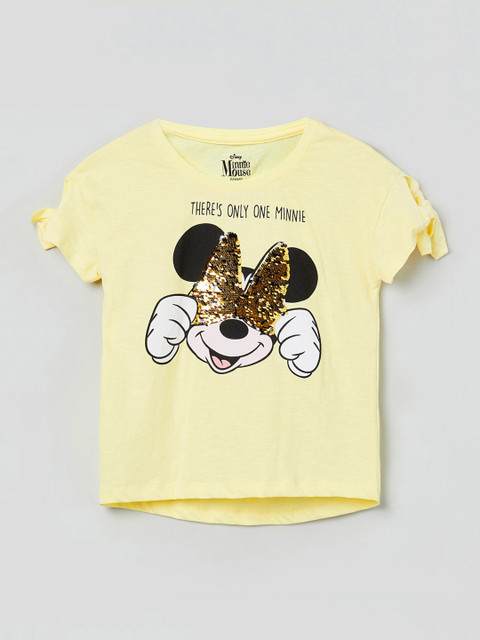 

max Girls Yellow & Black Minnie Mouse Printed Round Neck T-shirt