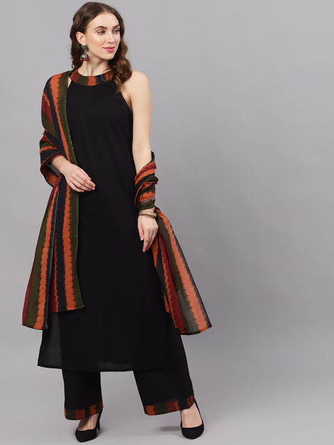 

AKS Women Black & Orange Colourblocked Kurta with Sharara & Dupatta