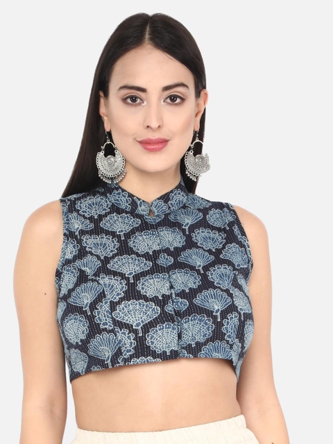 

Molcha Women Blue & Black Printed Readymade Ajrak Saree Blouse