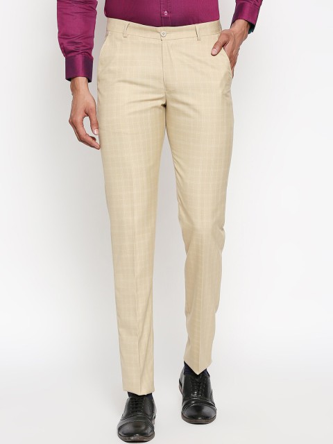 

Solemio Men Beige Slim Fit Checked Formal Trousers