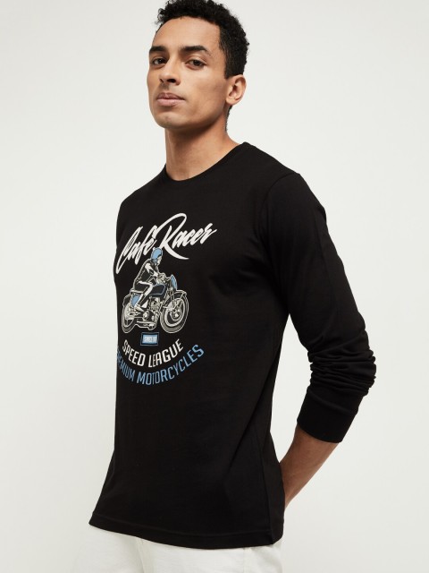 

max Men Black Printed Round Neck T-shirt