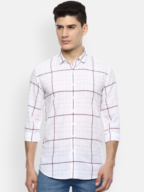 

V Dot Men White Skinny Fit Checked Casual Shirt