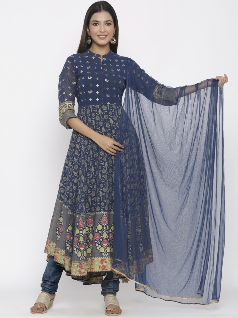 

Juniper Women Navy Blue & Gold Printed Kurta with Churidar & Dupatta