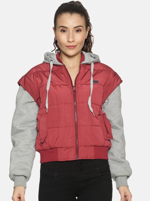 

Campus Sutra Women Maroon & Grey Colourblocked Bomber
