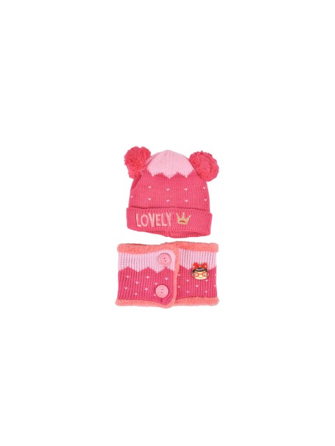 

Yellow Bee Girls Pink Embroidered Beanie with Scarf
