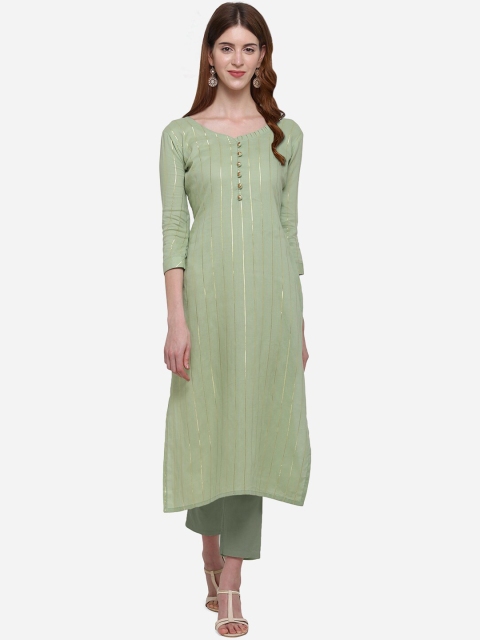 

Kvsfab Women Green Striped Straight Kurta