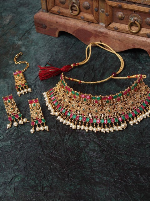 

Shining Diva Gold-Plated Red & Green Stone-Studded Pearl Beaded Jewellery Set