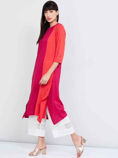 

max Women Pink & Orange Colourblocked A-Line Kurta