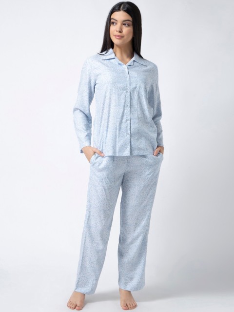 

ADORENITE Women Blue & White Printed Night suit