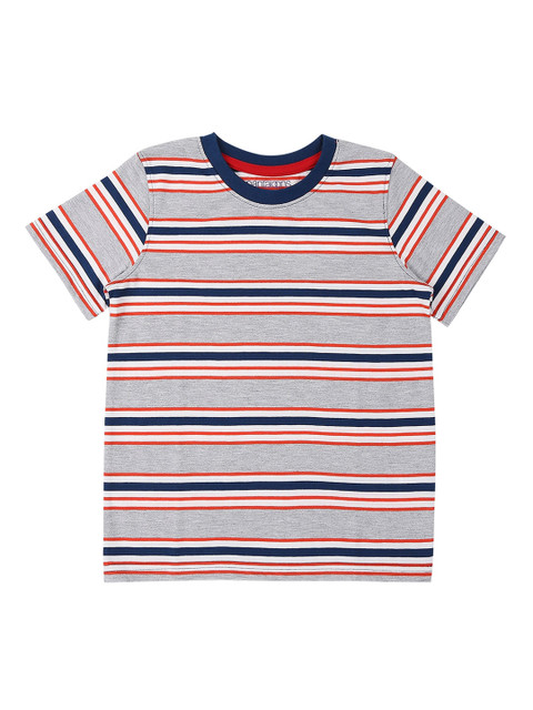 

Pantaloons Junior Boys Grey Melange & Red Striped Round Neck T-shirt