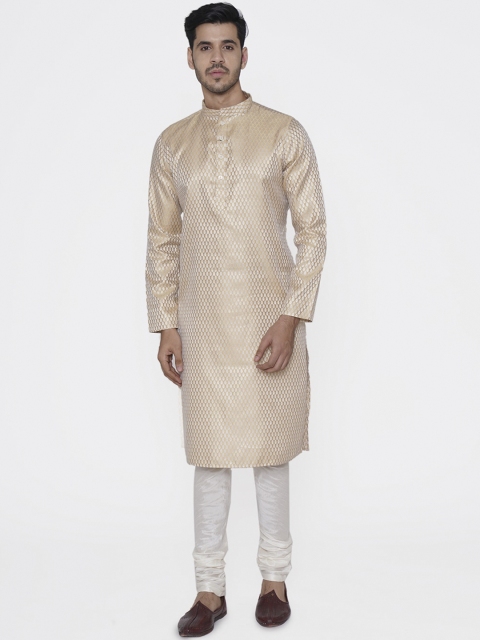 

TABARD Men Beige & White Self Design Kurta with Churidar