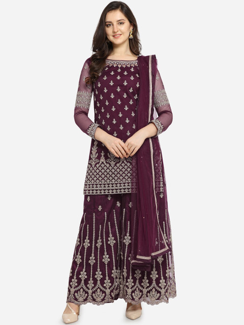 

Stylee LIFESTYLE Burgundy & Gold-Coloured Net Semi-Stitched Dress Material