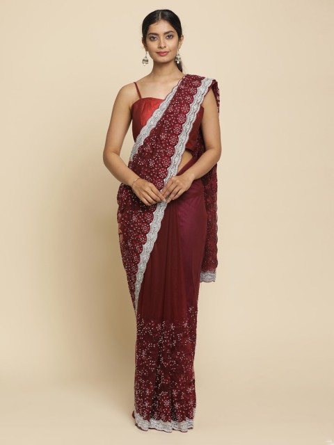 

Koskii Maroon Woven Design Net Saree
