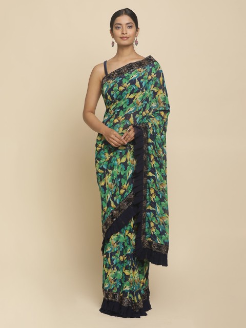 

Koskii Green & Black Poly Georgette Printed Saree