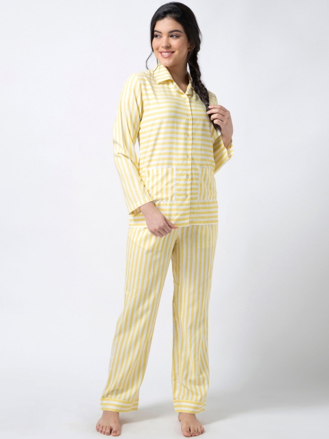 

ADORENITE Women White & Yellow Striped Night Suit