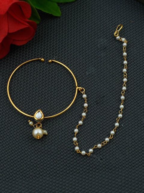 

Silvermerc Designs Gold-Plated Cubic Zirconia & Pearl Studded Nose Ring with Chain