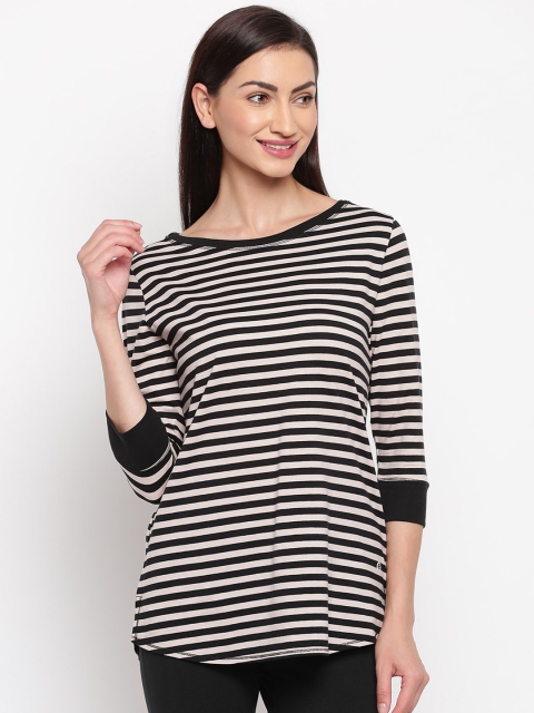 

Enamor Women Black & Beige Striped Slim Fit Long T-Shirt