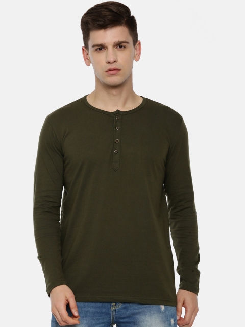 

KAY DEE Men Olive Green Solid Henley Neck Pure Cotton T-shirt