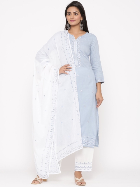 

WomenMagic Women Blue & White Embroidered Kurta with Palazzos & Dupatta