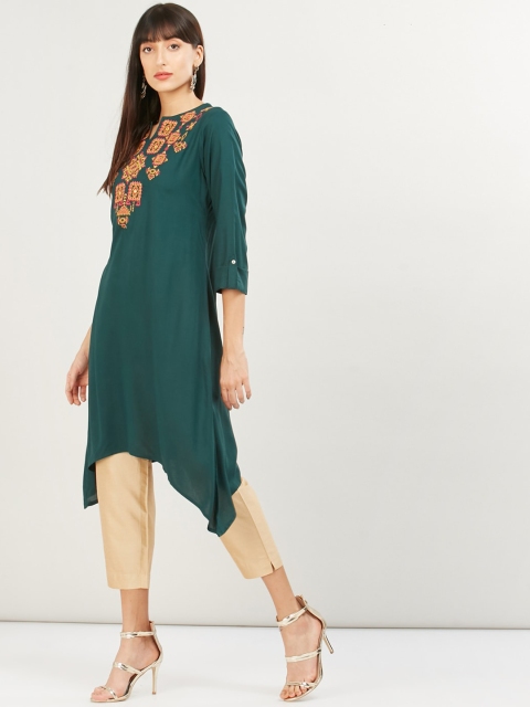 

max Women Green & Yellow Embroidered A-Line Kurta