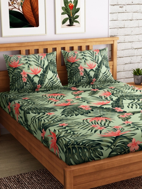 

PETAL HOME Green & Red Floral 300 TC Cotton 1 Queen Bedsheet with 2 Pillow Covers