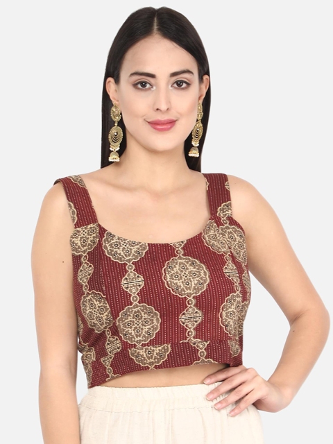 

Molcha Women Brown & Green Ajrak Printed Saree Blouse
